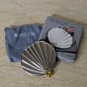 Vintage Wm. A Rodgers Golden Damask Rose Pocket Mirror Flannel Bag Original Box